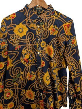 Lauren Ralph Lauren Navy Blue Button-Up Blouse Gold Chain Emblem Print Womens XL